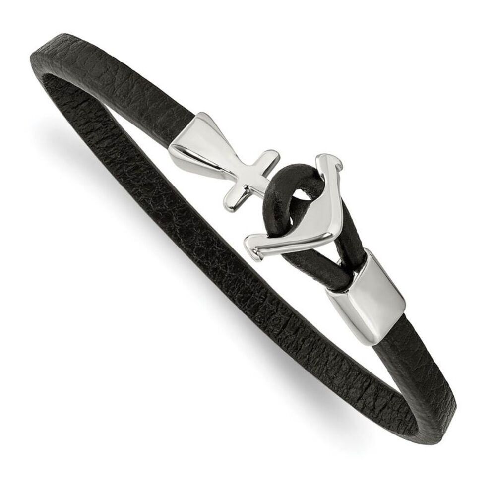 Women's Stainless Steel & Black Leather Anchor Toggle Bracelet, 8 Inch
